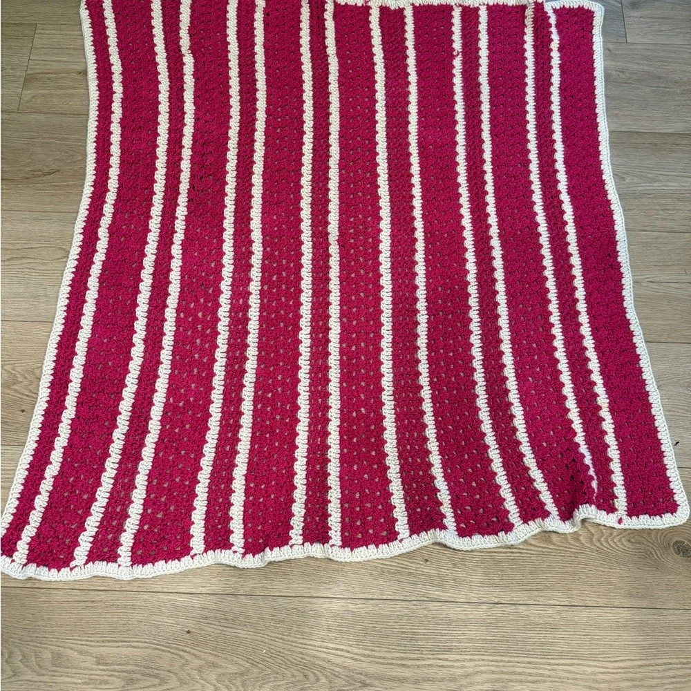 Hot pink and cream striped home made granny crocheted Afghan throw blanket 44x36